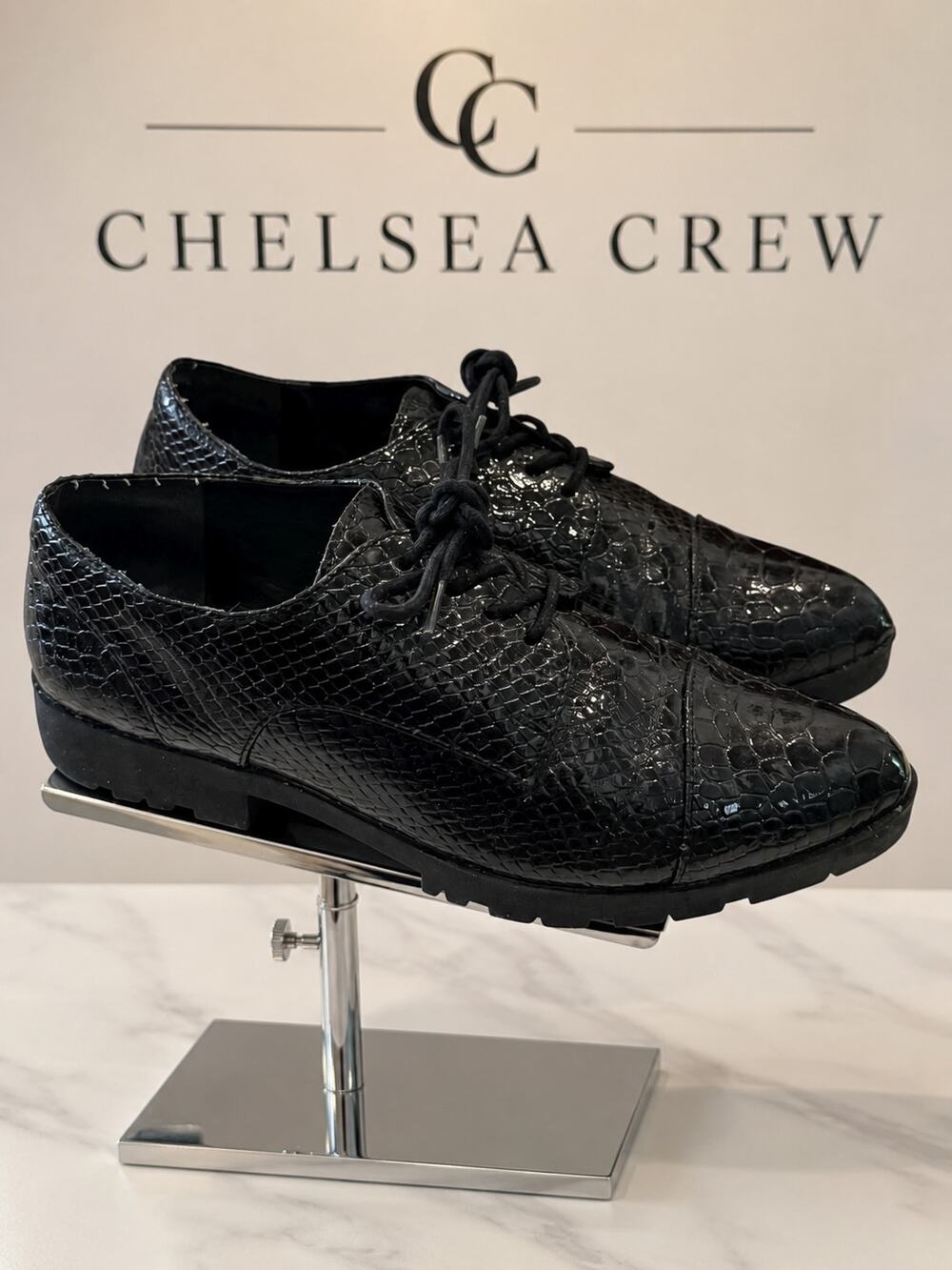 Chelsea Crew Black Croc Embossed Patent Cap Toe Oxford Shoes EU 37 US 6-6.5